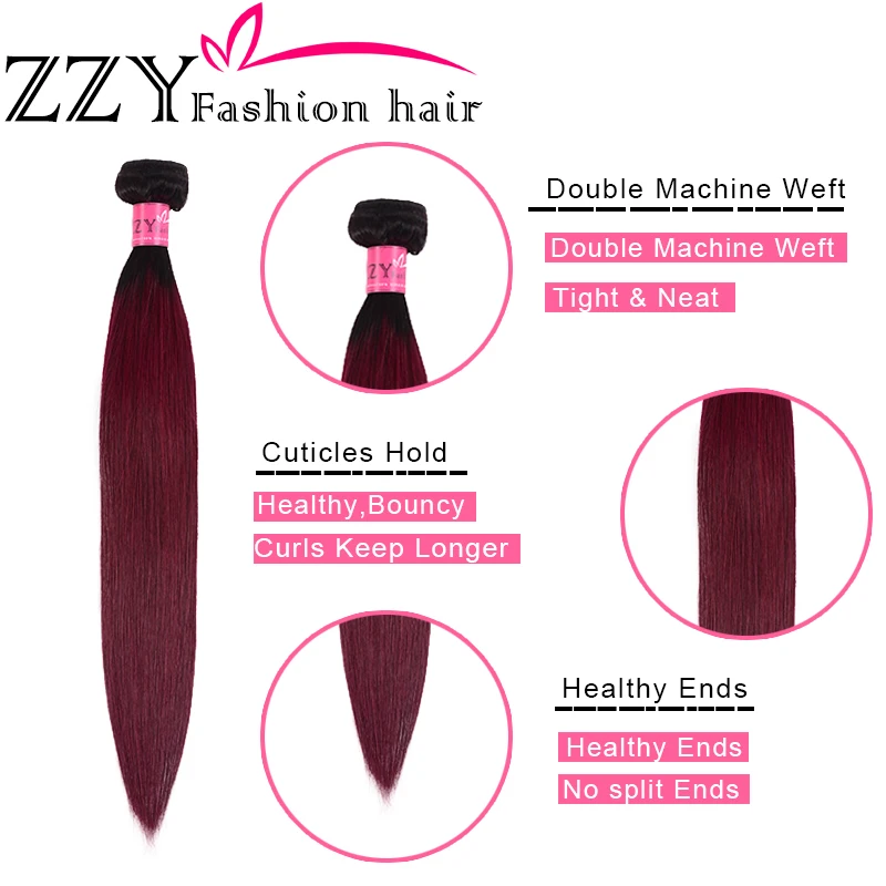 ZZY Fashion волосы бразильские прямые волосы Омбре м не-Реми натуральные кудрявые пучки волос 1B 99J Бургундия черный красный Омбре