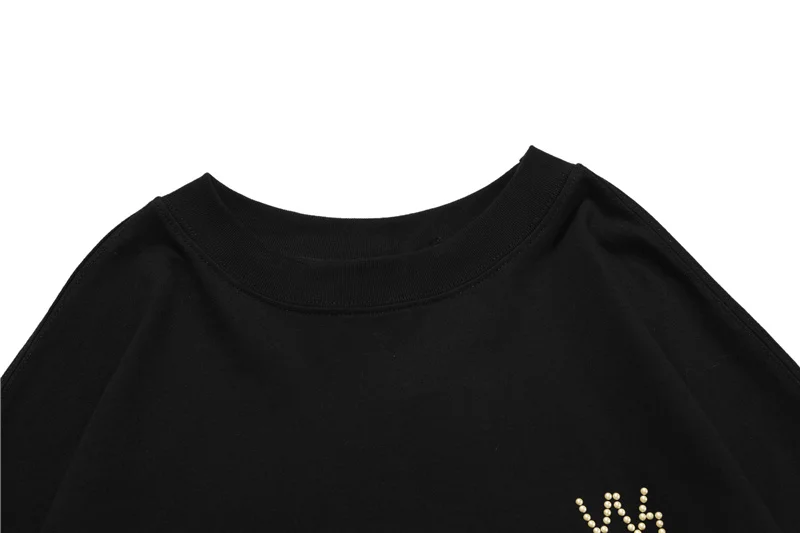 

2021 Good Quality Retro Three-dimensional Yellow Pearl Hot Beads Letter Logo Men and Women Loose Long-sleeved T-shirt