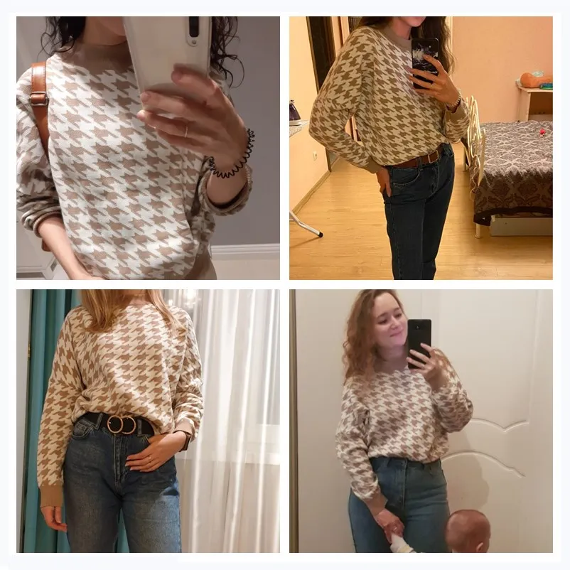 

Women's Khaki geometric color sweaters, informal cock leg sweaters, women's strap sweaters, autumn and winter clothing