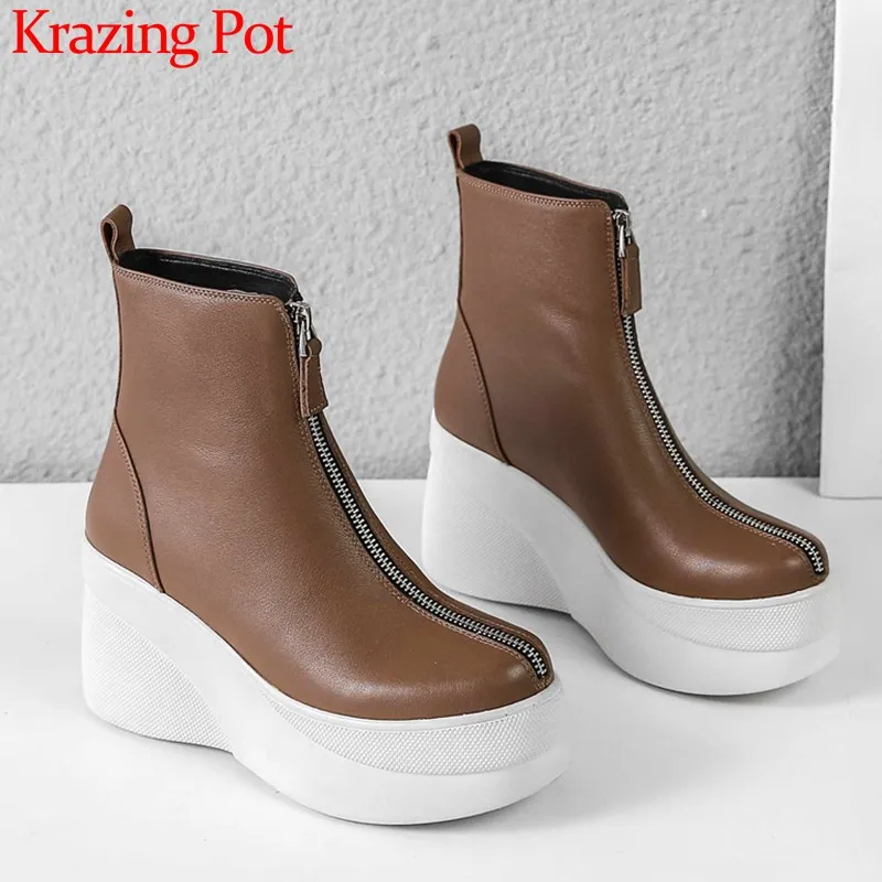 Krazing Pot/модные однотонные ботинки из коровьей кожи на молнии в рок стиле Зимние