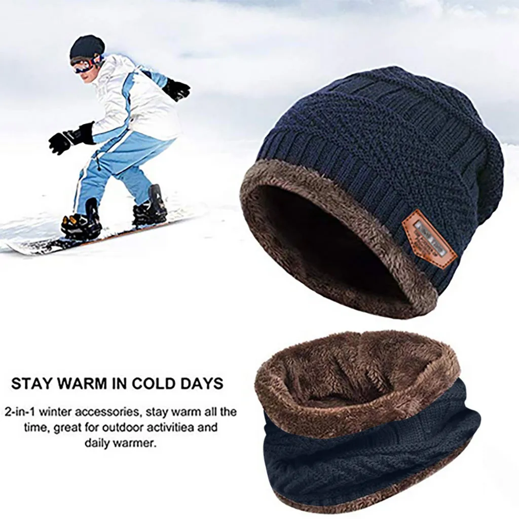 Мужская теплая шапка Skullies+ мягкий шарф, комплект из двух предметов, зимняя утолщенная шапка, Мужская ветрозащитная вязаная шапка, грелка для шеи# T5P