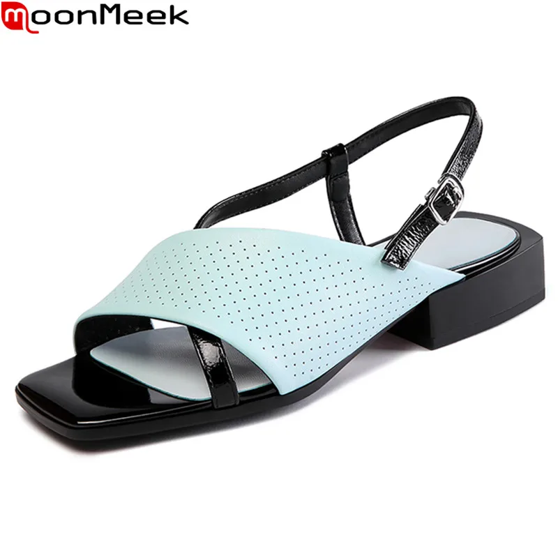 

MoonMeek 2021 Summer Genuine Leather Shoes Low Heel Square Toe Mixed Colors Casual Shoes Fashion Buckle Women Sandals