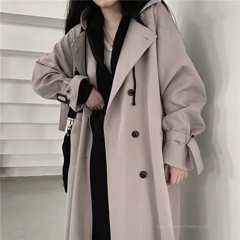 

Женская ветровка в британском стиле ретро, черное весеннее пальто средней длины в Корейском стиле преппи, модная Свободная Женская куртка о...