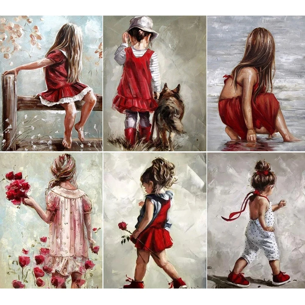 

5D Diamond Embroidery Flower Girl Red Dress Little Girl Diy Full Square/Round Diamond Painting Cross Stitch Kit Home Decoration