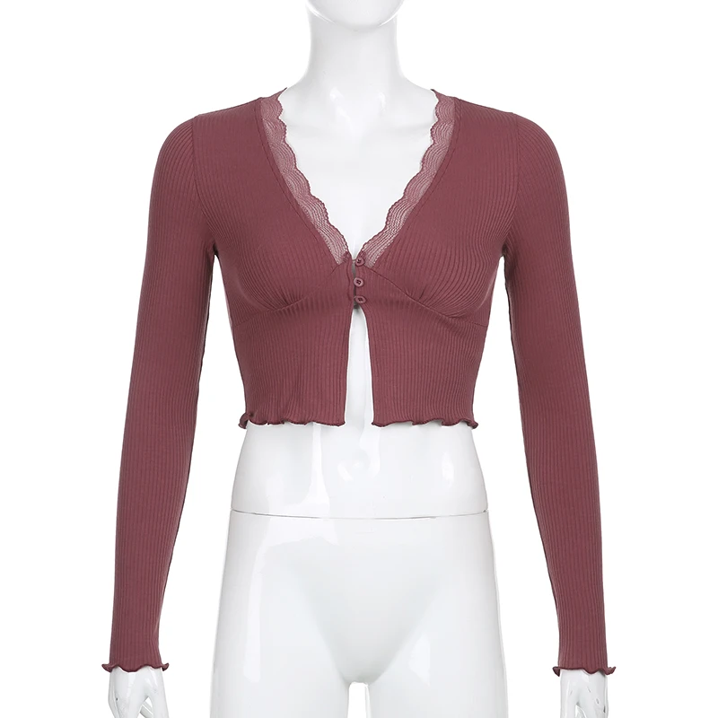 

Sweet Fashion Deep V-neck Lace Trim Top Y2K Fashion Split Hem Long-sleeved Brown T-shirt Retro Aesthetic Crop Top 2021 New