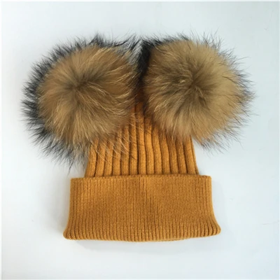 Yellow natural fur Женская зимняя шапка с двойным меховым помпоном, женский шерстяной съемный меховой вязаный шарик, Шапка-бини с 2 натуральными цветными помпонами из меха енота - Цвет: Yellow natural fur