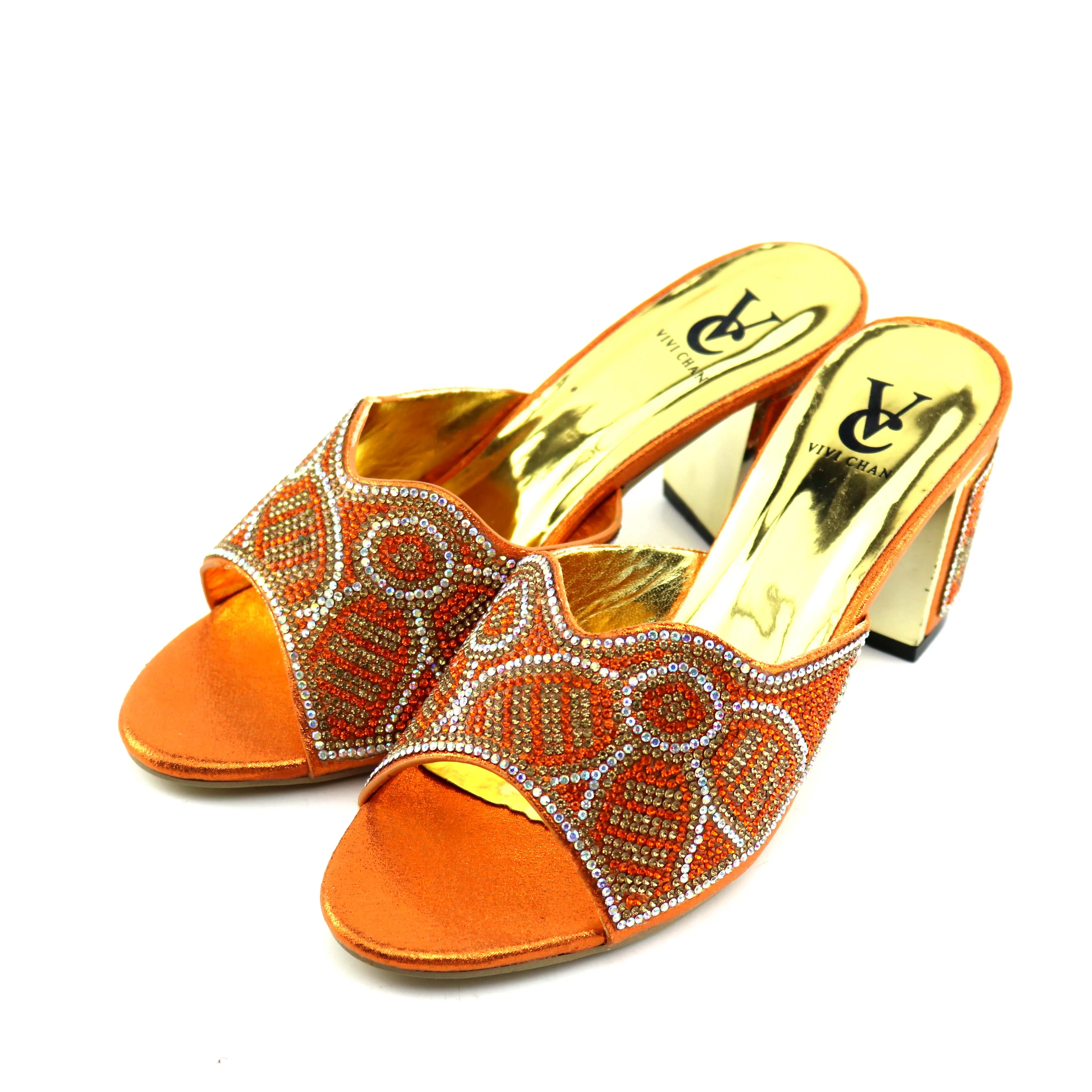 Оранжевые туфли на каблуке 7 см красивый дизайн Сияющие с Стразы модные