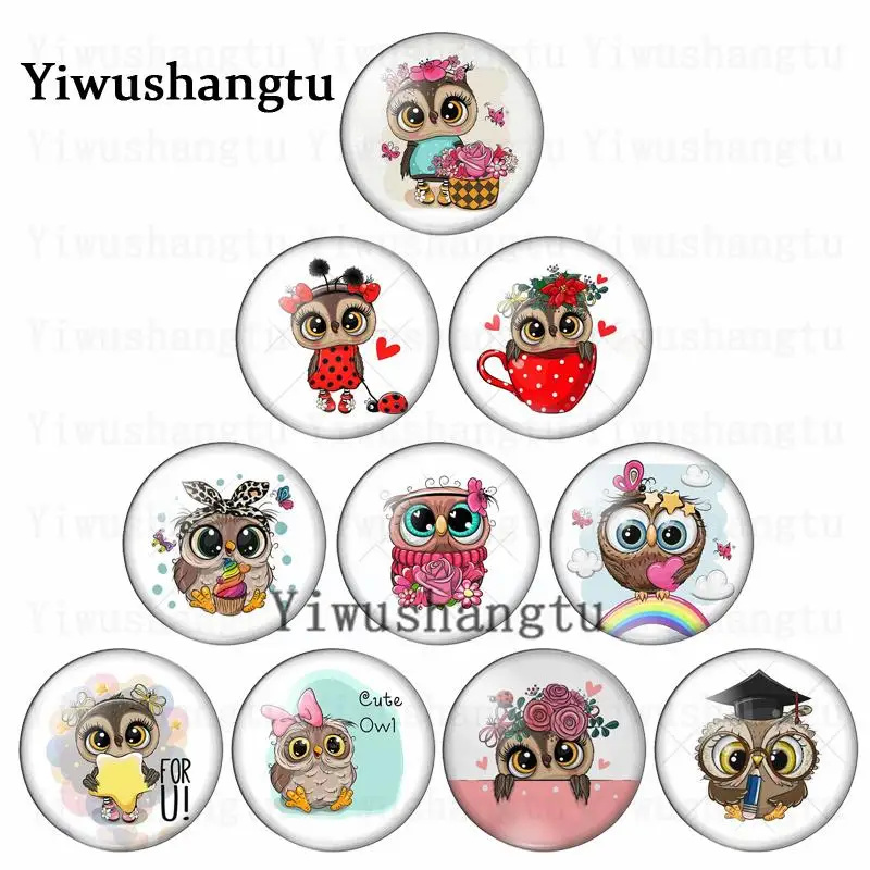 

New fashion Cute cartoon Owl 10pcs mixed 12mm/20mm/25mm/30mm photo glass cabochon demo flat back Making findings