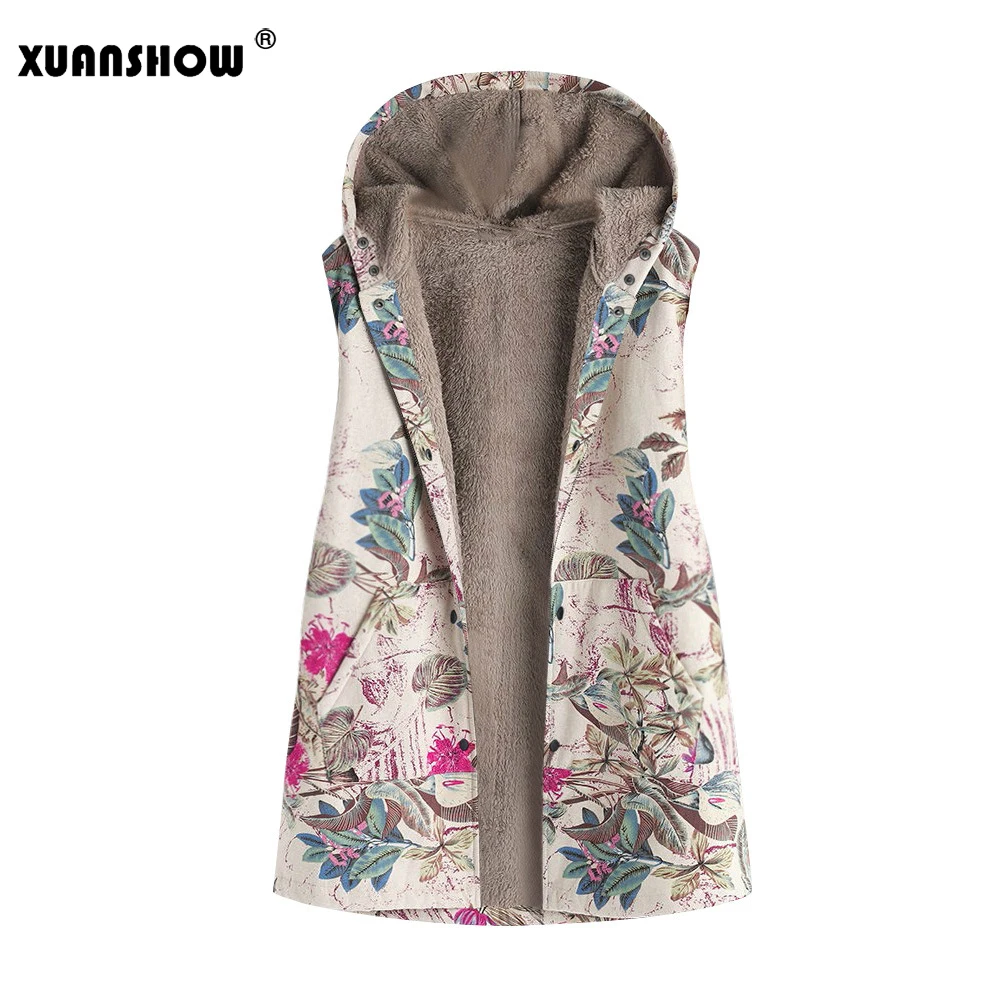 XUANSHOW новая зимняя одежда 2019 модные цветочные печатные куртки без рукавов с