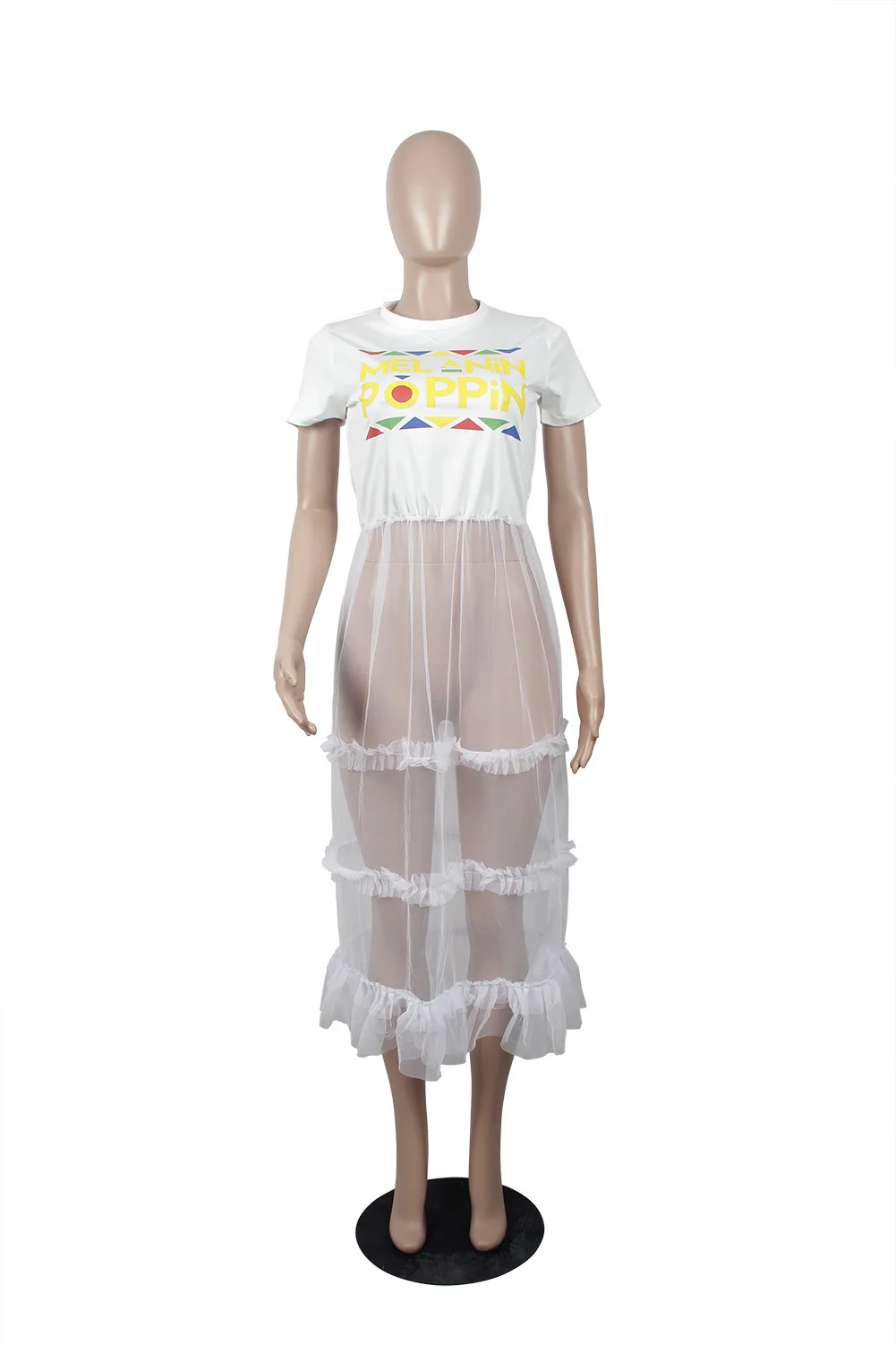 

Women Letter Printing Stitching Mesh Dress Summer Fashion Round Neck Short Sleeve Gauze Dress