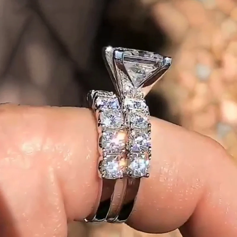 Huitan Роскошные AAA кубический цирконий принцесса огранка женские кольца 2 шт./компл.