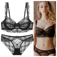 french sexy lace transparent lingerie big chest looks smaller push up bra no sponge sheer see through bra and briefs set