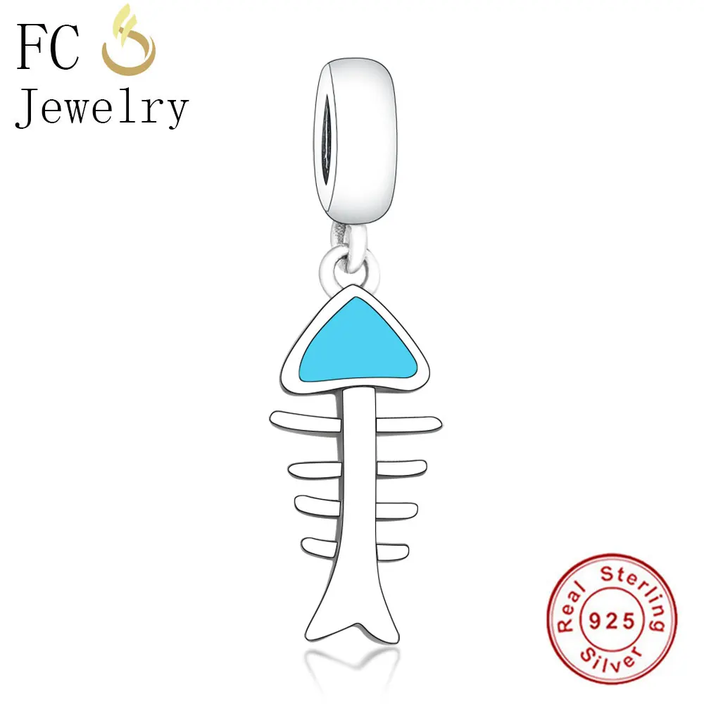 FC Jewelry Fit Original Brand Charm Bracelet 925 Sterling Silver Blue Enamel Fish Bone Cat Food Bead Making Berloque 2019 DIY | Украшения и
