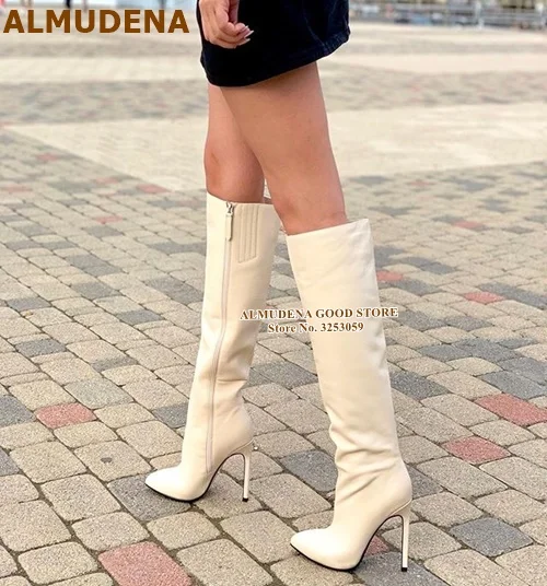 as picture ALMUDENA сапоги до колена на тонком высоком каблуке высокие сапоги из матовой кожи черного, молочного и белого цвета облегающие женские осенне-зимние высокие сапоги, размер E46 - Цвет: as picture