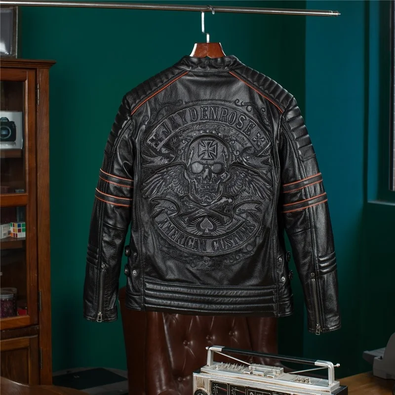 

Free shipping.Wholesales.black short rider genuine leather jacket.Cool motor biker skulls cow leather coat.quality clothes