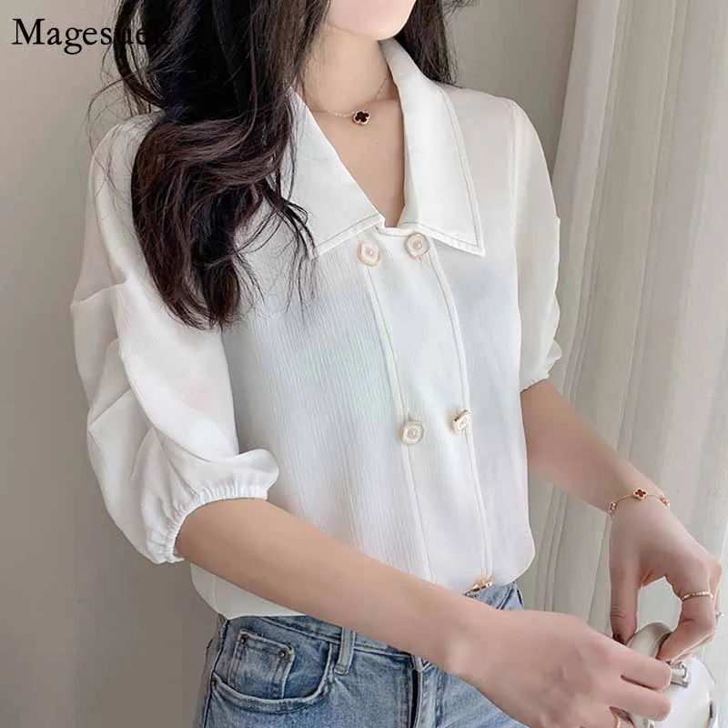 

2020 Summer Simple Chiffon Blouse Solid Short Sleeve Women Tops Blouse White Elegant Shirt Puff Sleeve Office Lady Clothing10290