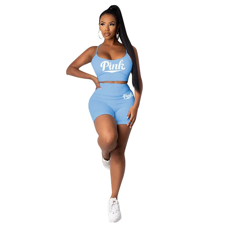 

Two Piece Sets Women Biker Shorts Pink Gym Clothing Sleeveless Vest Crop Top Sweatpants Sexy Fitness Wear Summer 2021