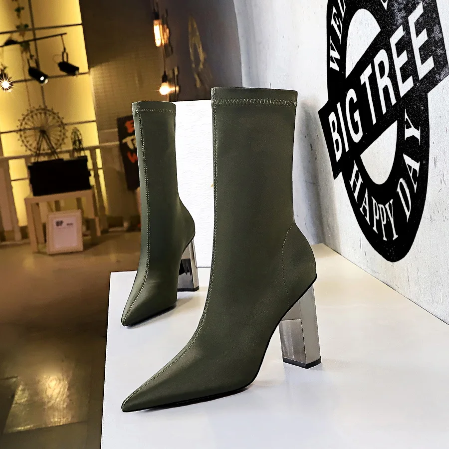 BIGTREE New Ankle Boots Autumn Pointed Toe Stretch Knitting Sock Boots Plus Size High Heels Female Slip On Lady Shoes