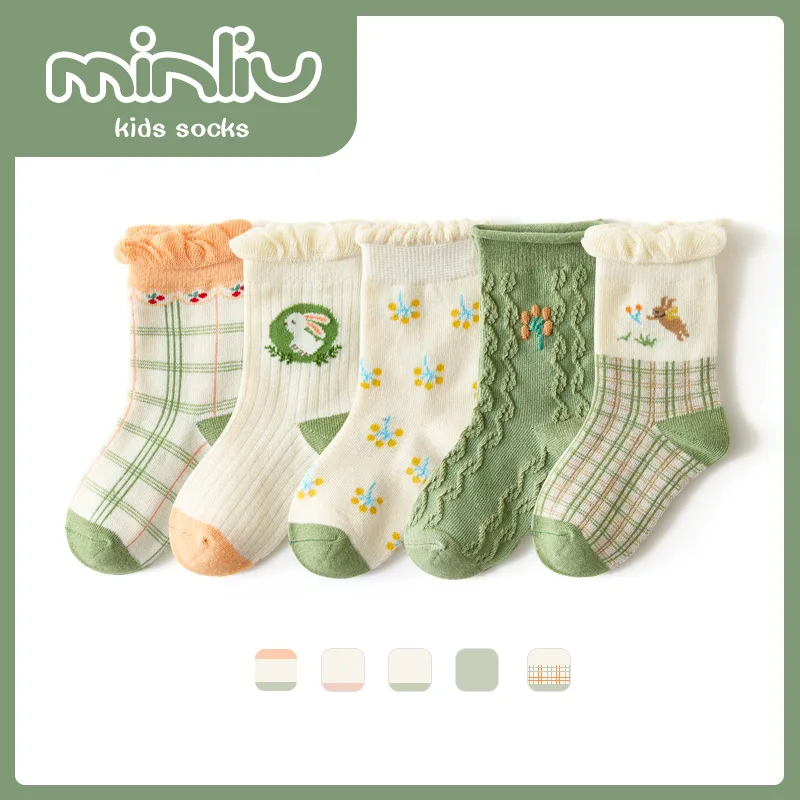 Носки детские вязаные из 2021 хлопка в полоску с мультяшными животными 5 пар/лот