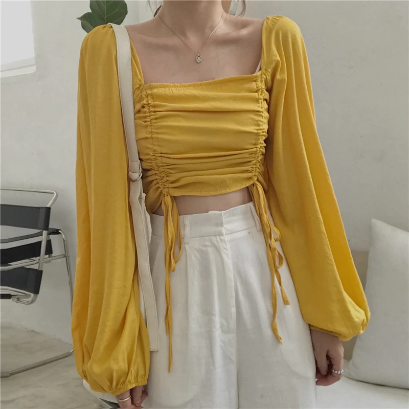 square collar long sleeve crop tops Drawstring fashion brand sweet Blouses Shirts Women's Clothing spring fall new high quality | Женская