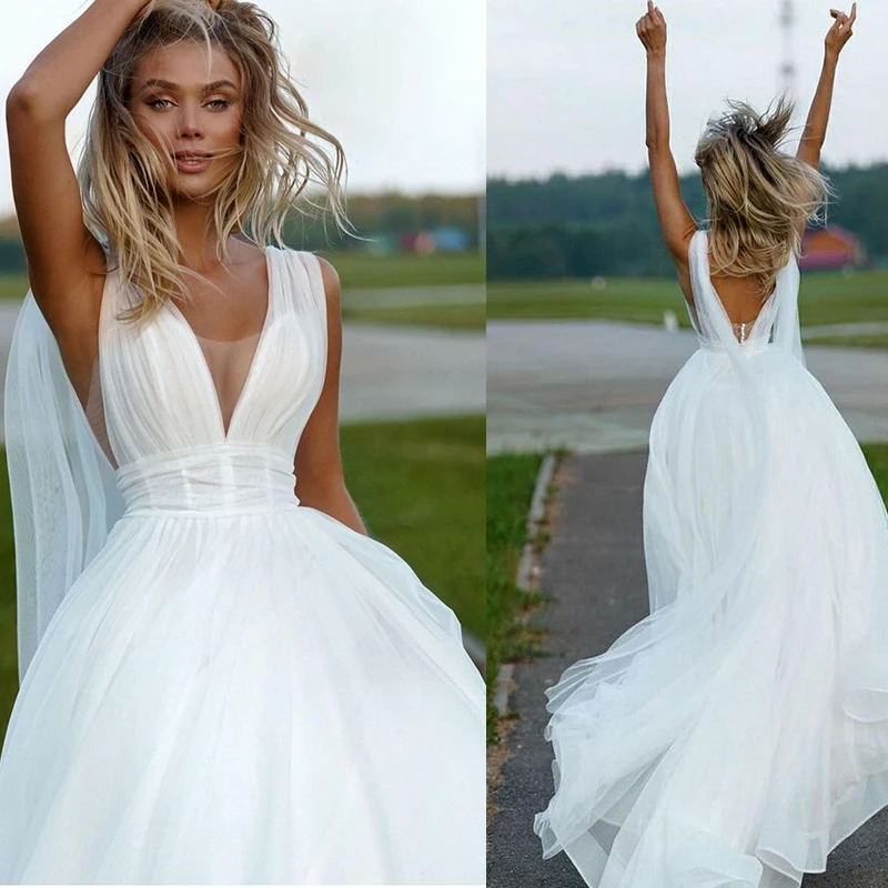 

Женское шифоновое свадебное платье, простое ТРАПЕЦИЕВИДНОЕ ПЛАТЬЕ С V-образным вырезом, открытой спиной и открытой спиной, недорогие пляжны...