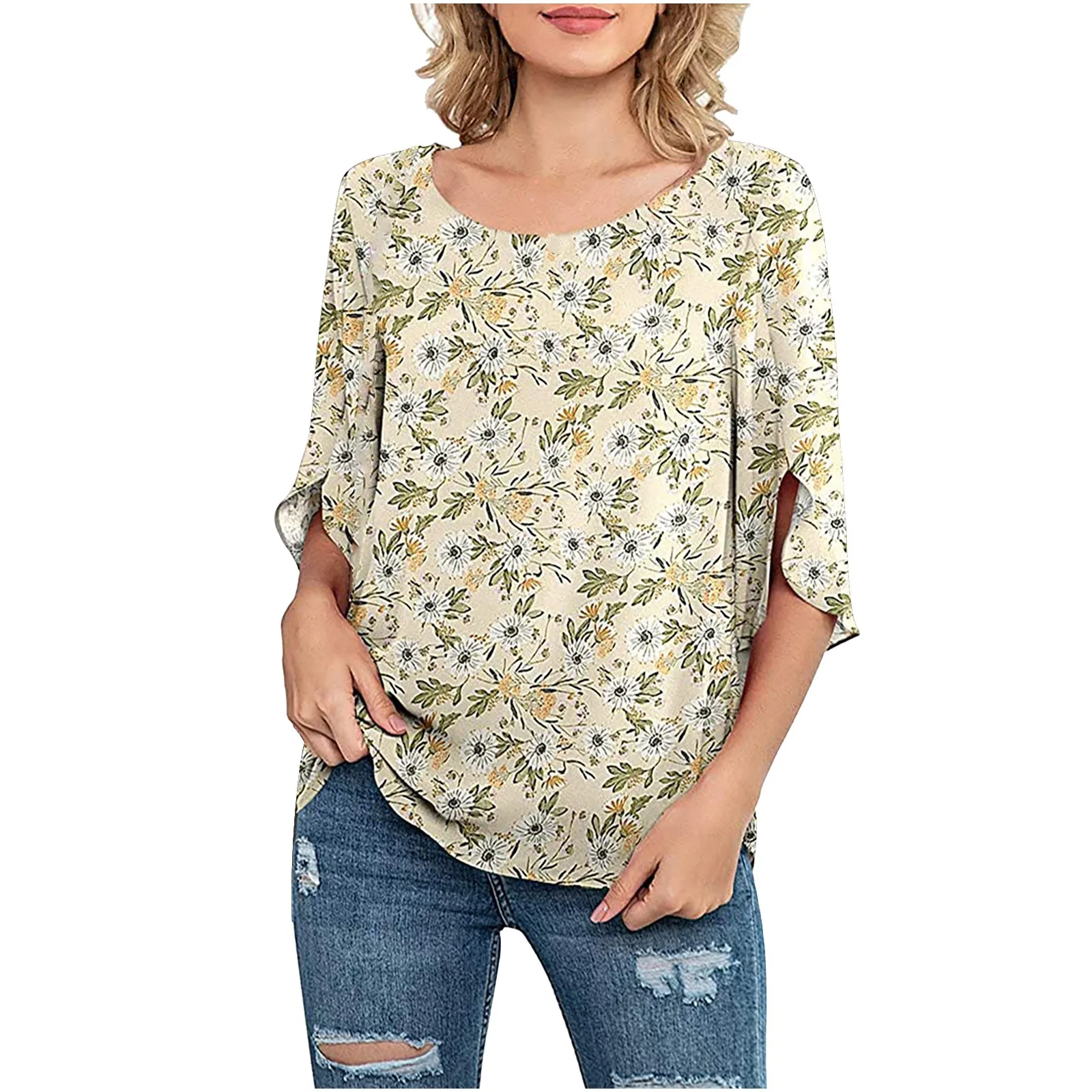 Женская шифоновая блузка в горошек с круглым вырезом и рукавом 3/4 - купить по