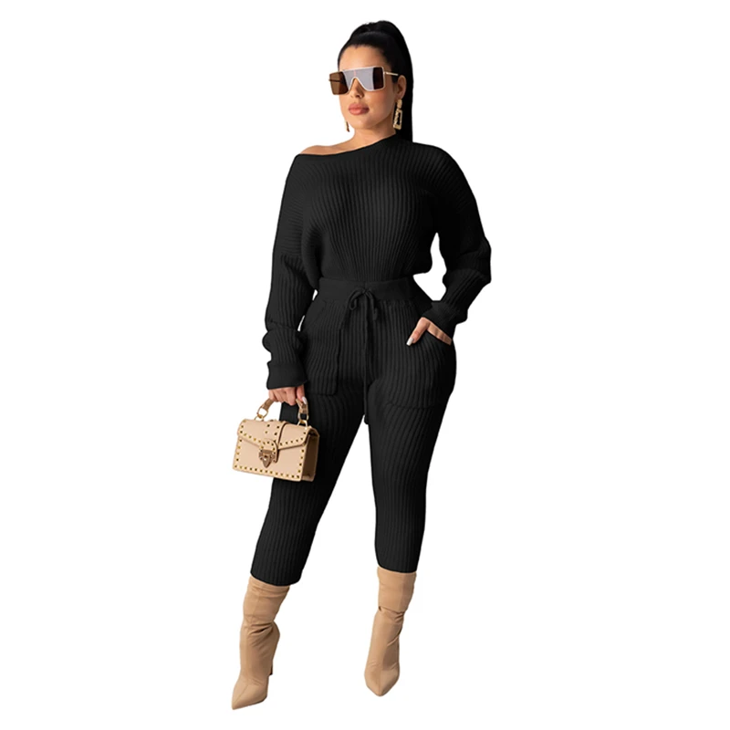

New Arrival Solid Color Pit Blouse and Trousers with Pocket Two Piece Set