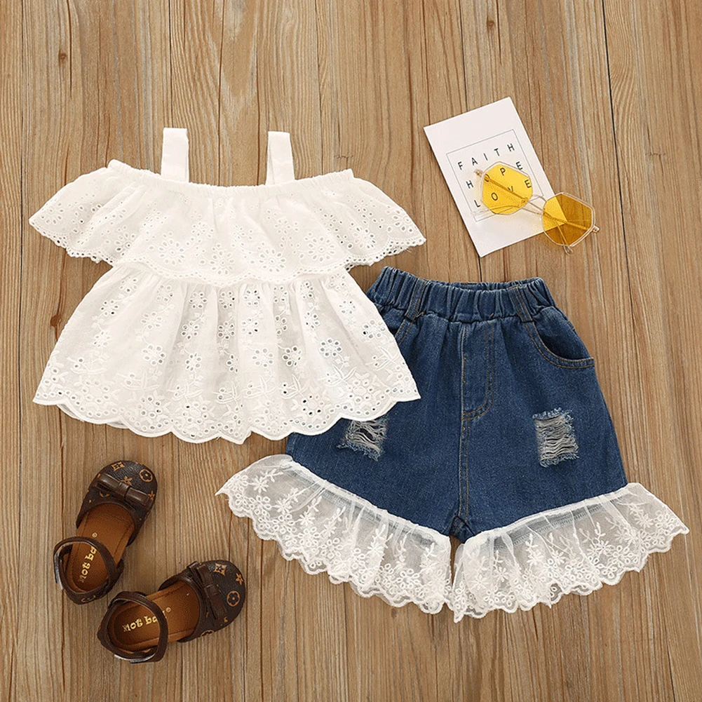 

1-4Years Toddler Baby Girls Off Shoulder Hollow Out Embroidery Smock Blouses + Lace Patchwork Denim Short Pant Outfits