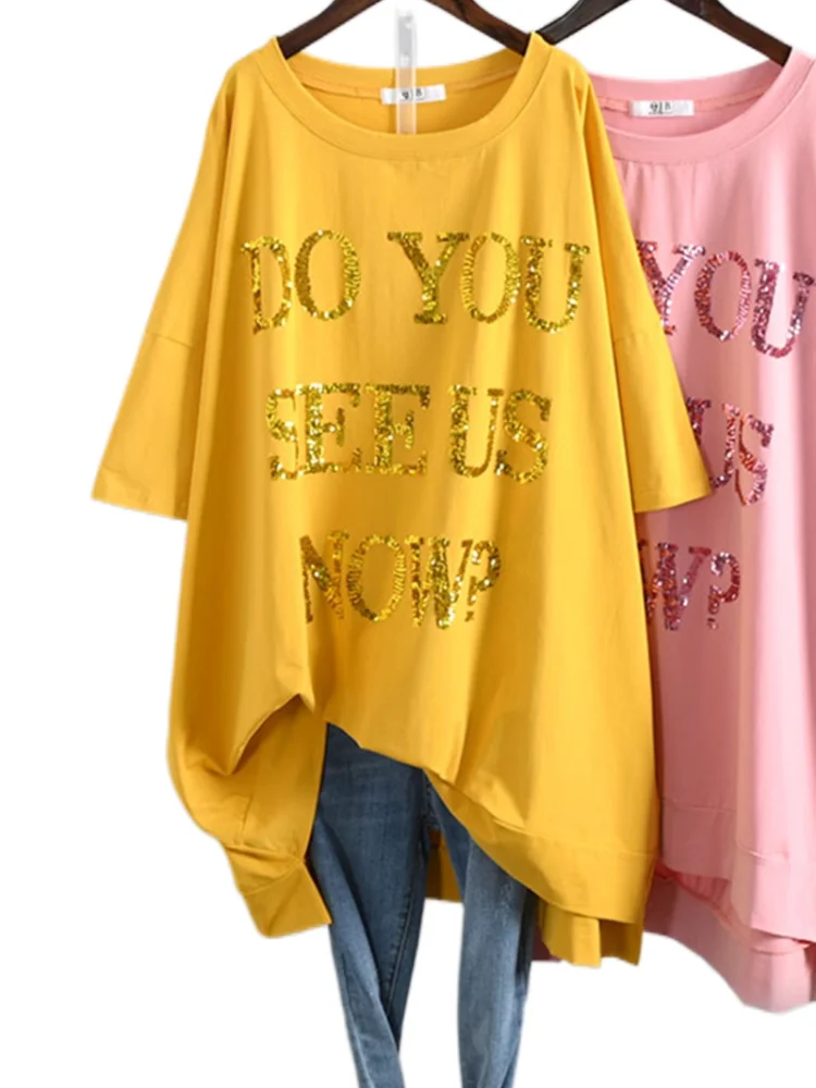 

Sequin Letters Print T-shirts Women Summer Graphic Tees Funny Shirts For woman tshirts Loose Yellow Crew Neck Harajuku TopDM