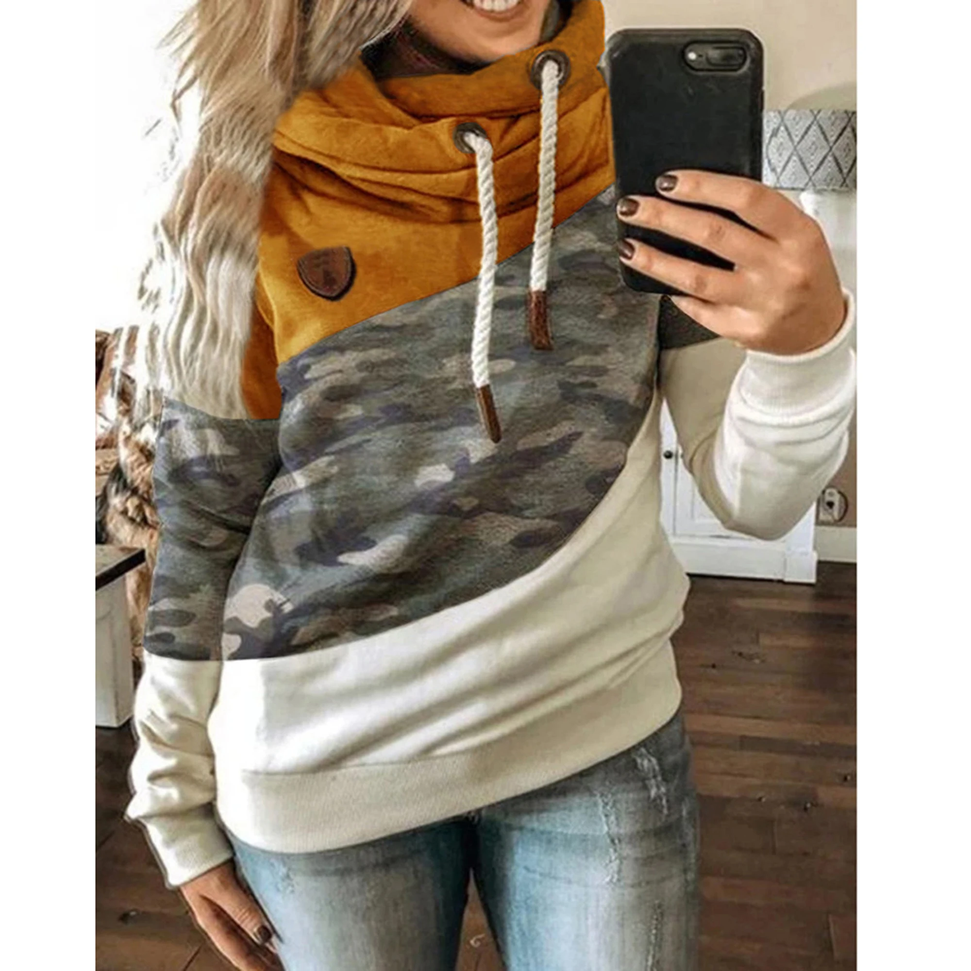 Осенне зимняя женская толстовка с капюшоном и леопардовым принтом Камуфляжная