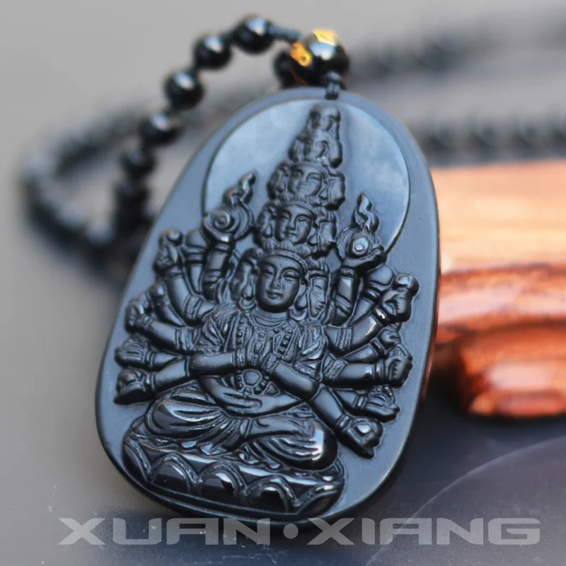 Мужские ожерелье с кулоном черный обсидиан резные Avalokitesvara Guanyin Будда Бодхисаттва