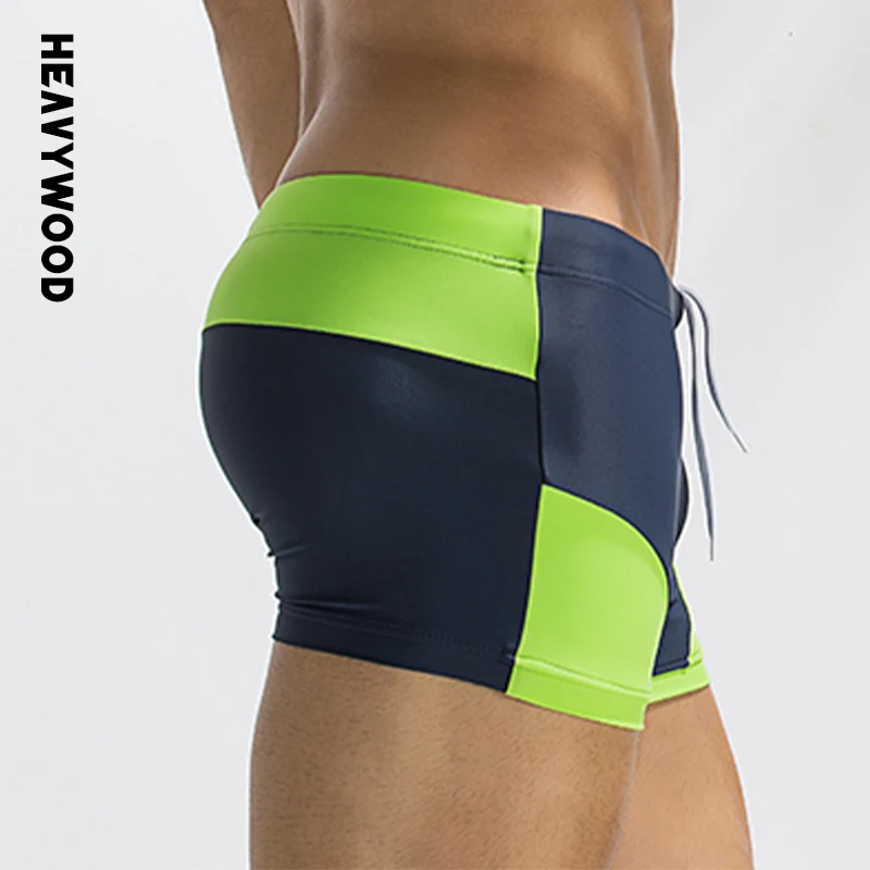 Heavywood Summer Fashion Men's Swimming Trunks Color Contrast Side Pocket Zipper Swimwear Drawstring Elastic Waist Beach Shorts