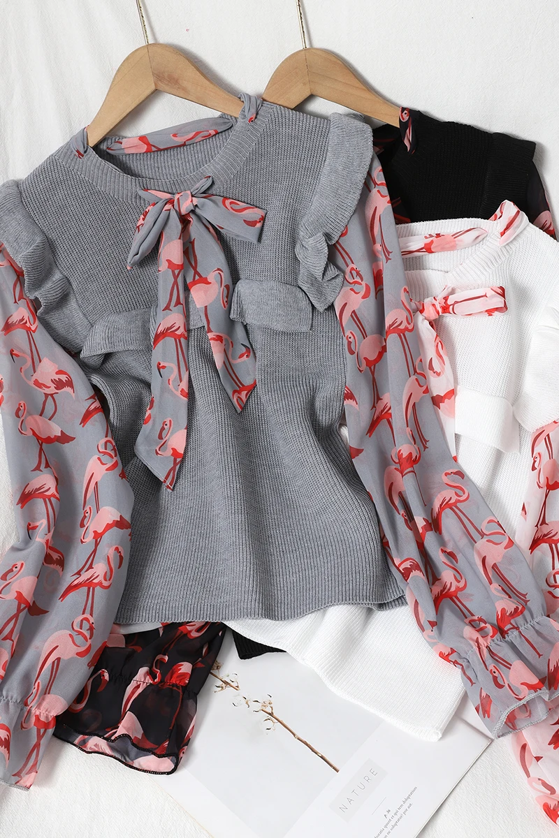 

Patchwork Printed Bow Sweater Women's Winter Wear Shows Thin And Sweet Ear Edge Knitted Top