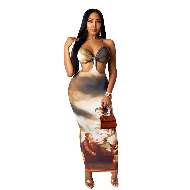 

Summer new hang neck backless hollow-out splicing lace-up dress dress dresses for women sexy dress