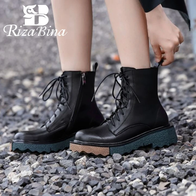 

RIZABINA New Women Ankle Boots Genuine Leather Women'S Shoes Winter Round Toe Fashion Short Boots Ladies Footwear Size 34-41