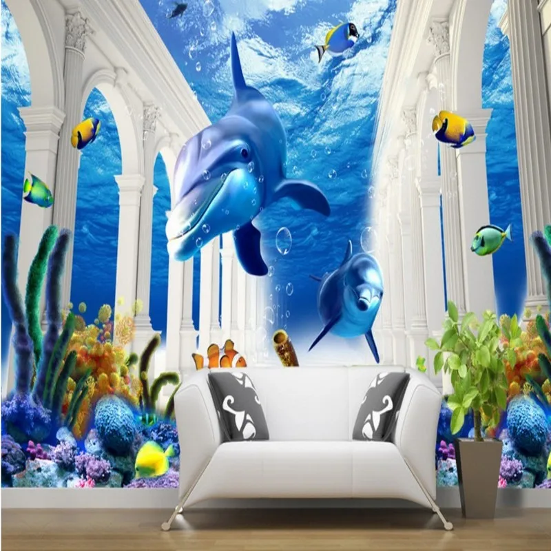 Прямая доставка Фото Обои Синий Приморский римская колонна Дельфин Фреска 3D