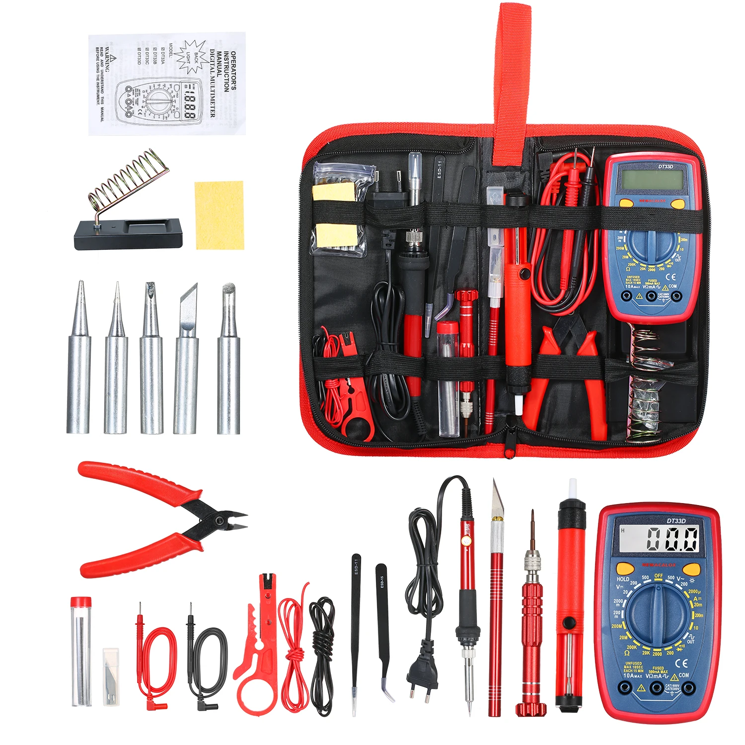 

Adjustable Temperature Soldering Iron Kit 220V 60W Digital Multimeter Soldering Tips Desoldering Pump Cutter Solder Wire Set