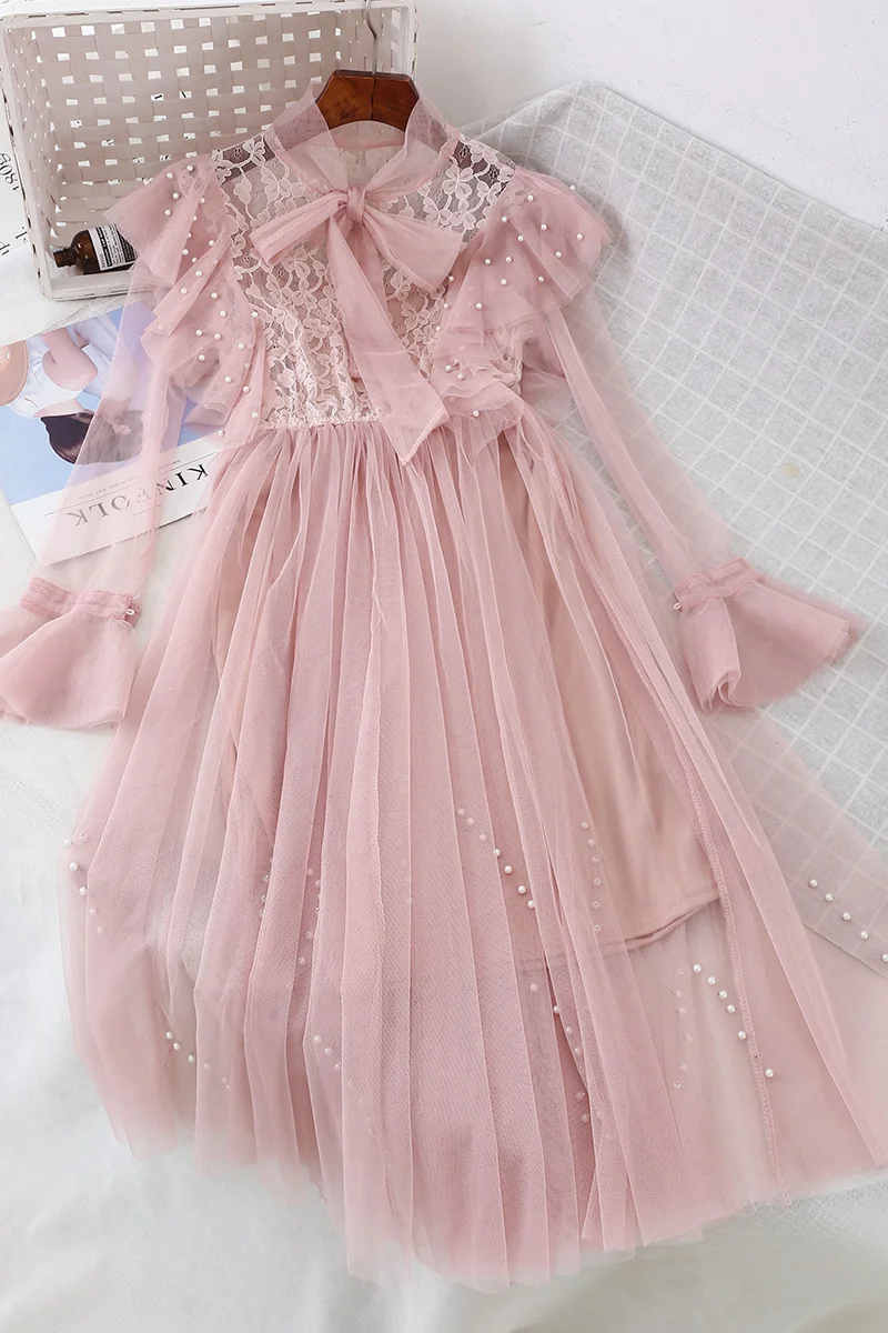

Nail Bead Bow College Dress Super Fairy Net Yarn Lotus Flange Bell Sleeve Lace Dress Sweet Pleated Rivet Flare Sleeve Empire