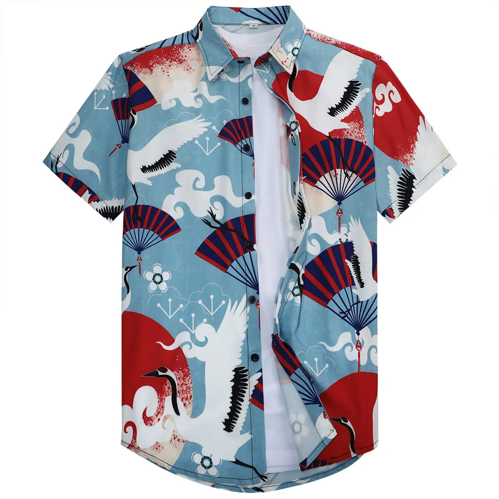 Рубашка мужская с коротким рукавом гавайская пляжная одежда 3D принтом журавлей в