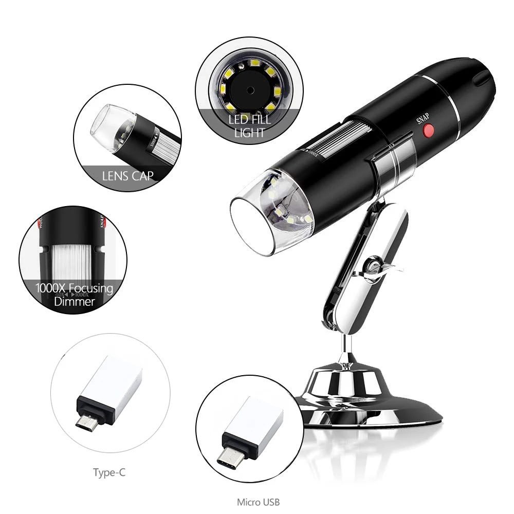 USB микроскоп 500x 1000x 1600x совместим с USB/Type C/Micro Биологический 8 светодиодный цифровой