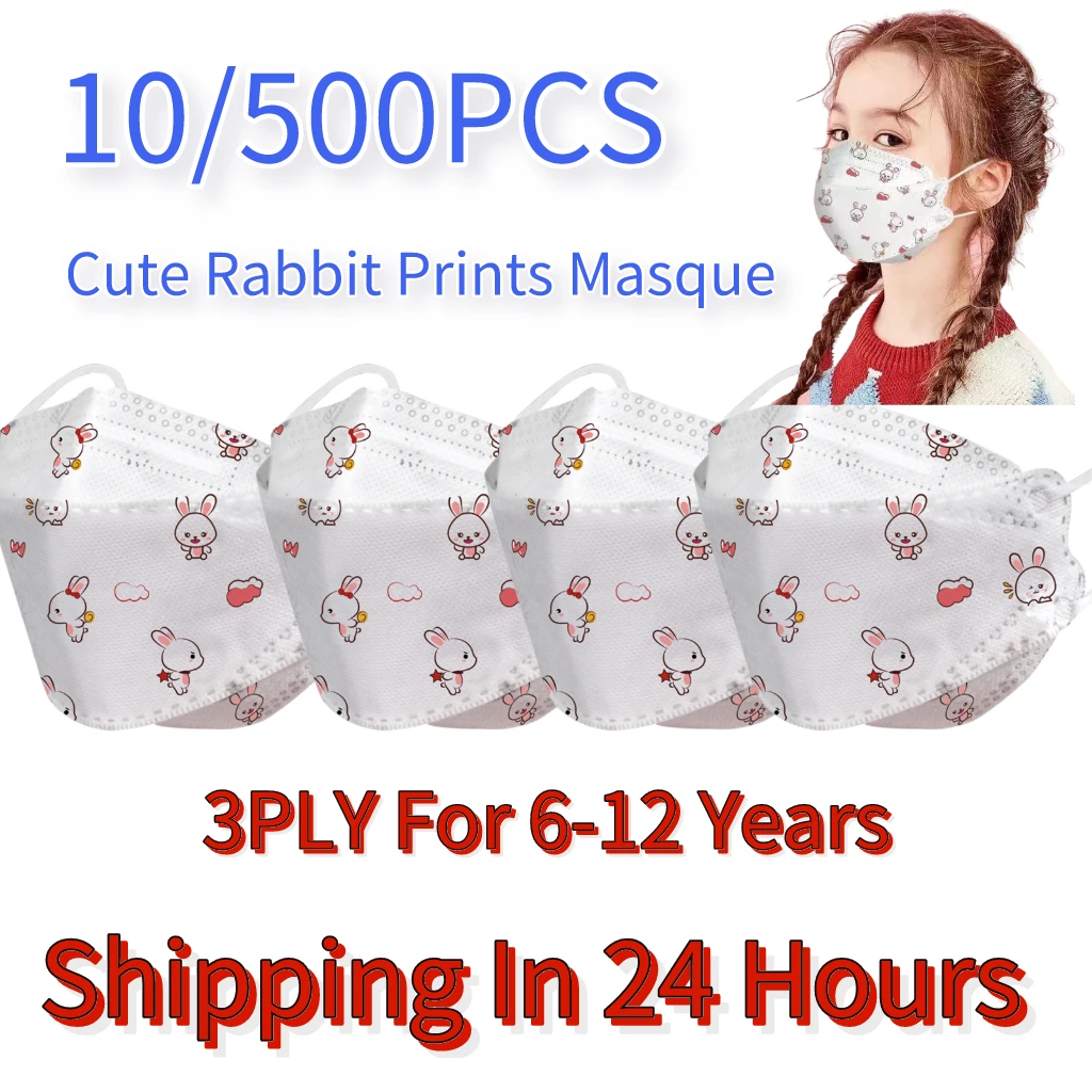 

500PCS Mascarillas Ninos Children's Cute Rabbit Prints Masque For 6-12 Years 3 -layer Non-Woven Masks Enfant Halloween Cosplay