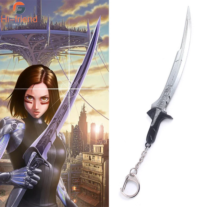 

Movie Alita Battle Angel Keychain Damascus Knife Axe Weapon Model Metal Key Ring for Women Men Movie Fans Collect Gifts
