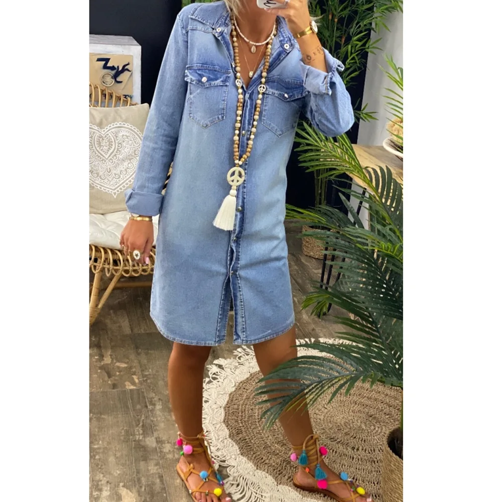 

Casual Shirt Dress Office Lady Turn-down Collar Straight Dress Women's Denim Dress Spring Autumn Long-Sleeve Chest Pocket S-3XL