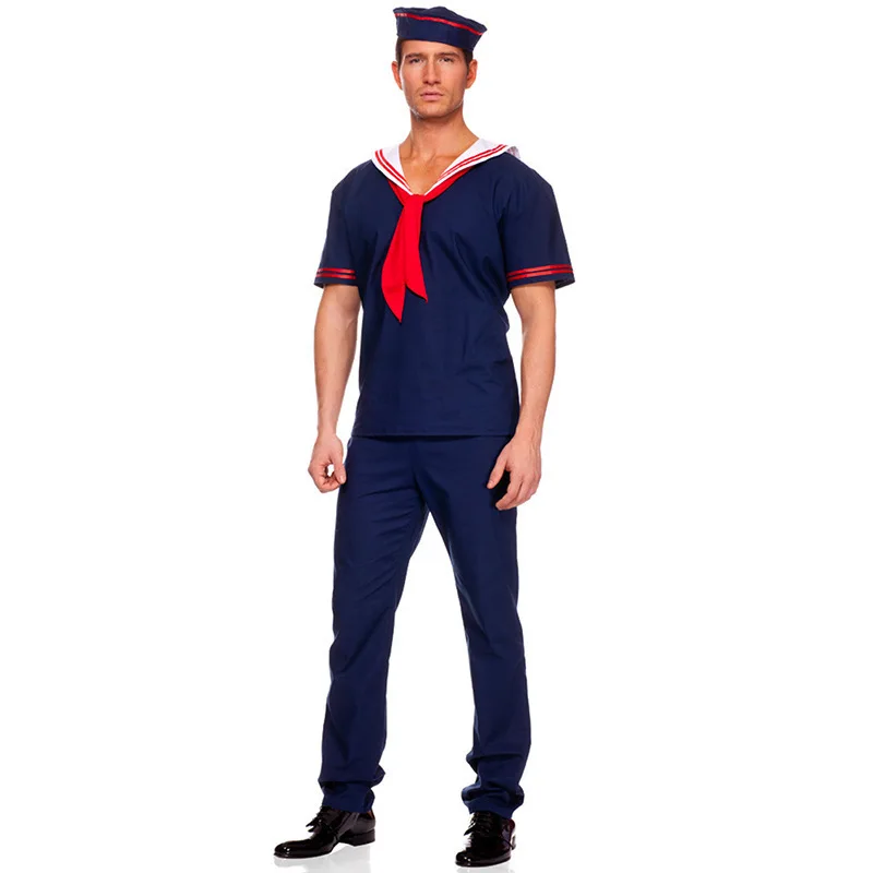 

Navy Costume Men Adult Sailor Cosplay Blue Worker Uniform Halloween Costumes Carnival Festival Suit T-shirt Pant Hat
