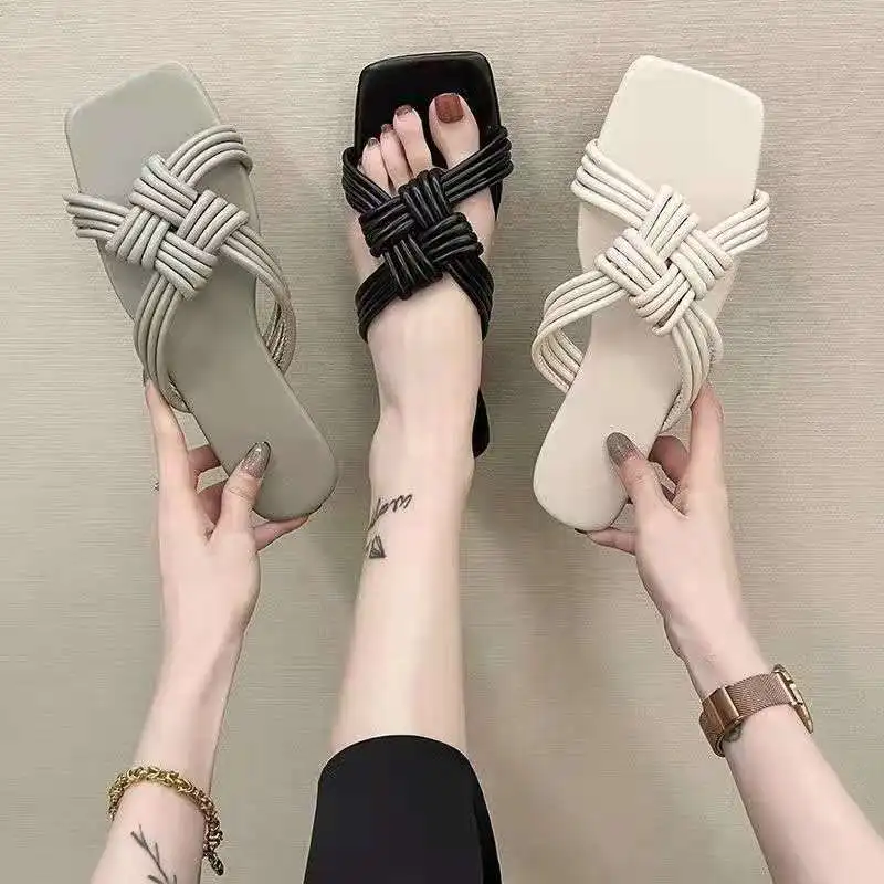 

Женские плетеные сандалии на плоской подошве, повседневные однотонные пляжные шлепанцы, большие размеры до 41, лето 2021