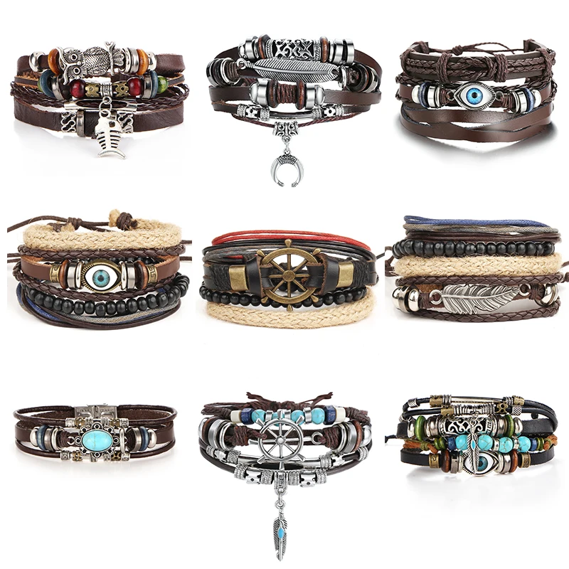 Винтажный Многослойный кожаный браслет в стиле панк с круглыми тибетскими