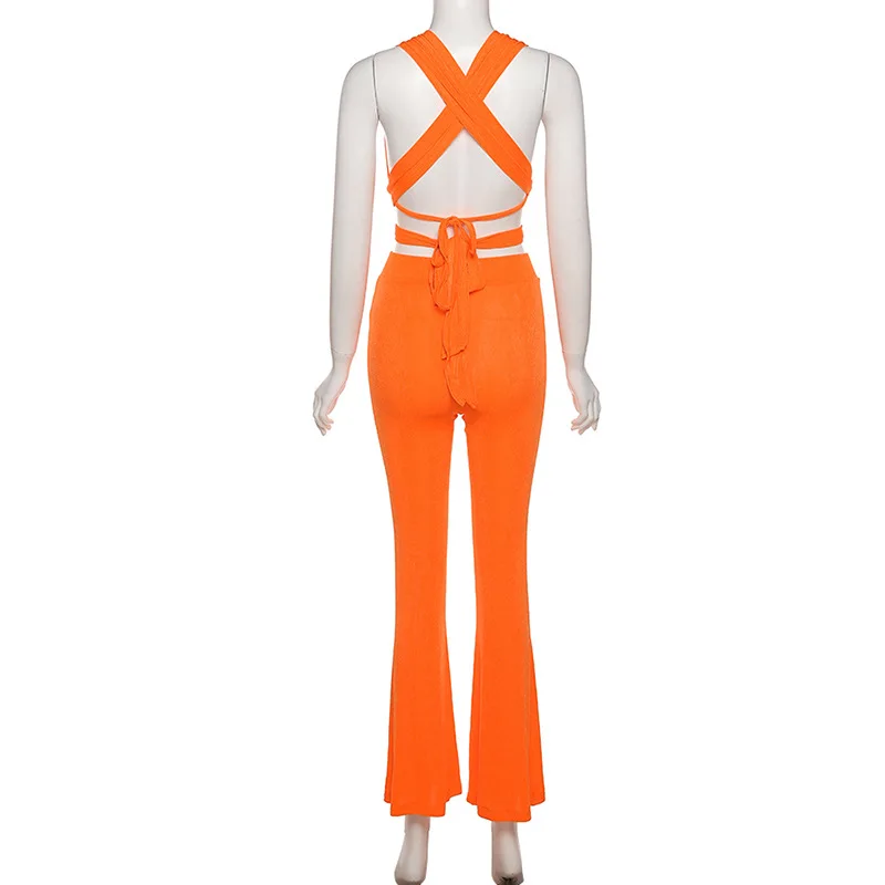 

Sexy Bandage Backless Top and Pant Sets Sleeveless Solid Women's Sets Fashion Outfits Matching Set Flare Pants