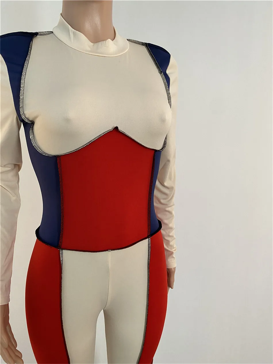 

Women Jumpsuits O-neck multicolor patchwork sexy Playsuits