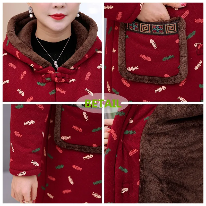 

New Middle-aged women parkas Pop winter Flocking Thicken Cotton jacket Plus size 5XL female Printed Hooded tops warm coats N183