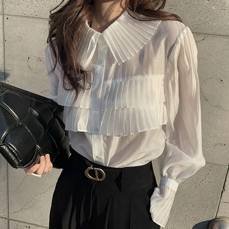 

Elegant Shirt Spring Long Sleeve Vintage Pleated Blouse Office Lady Chiffon Blusas Female Casual Women Clothing